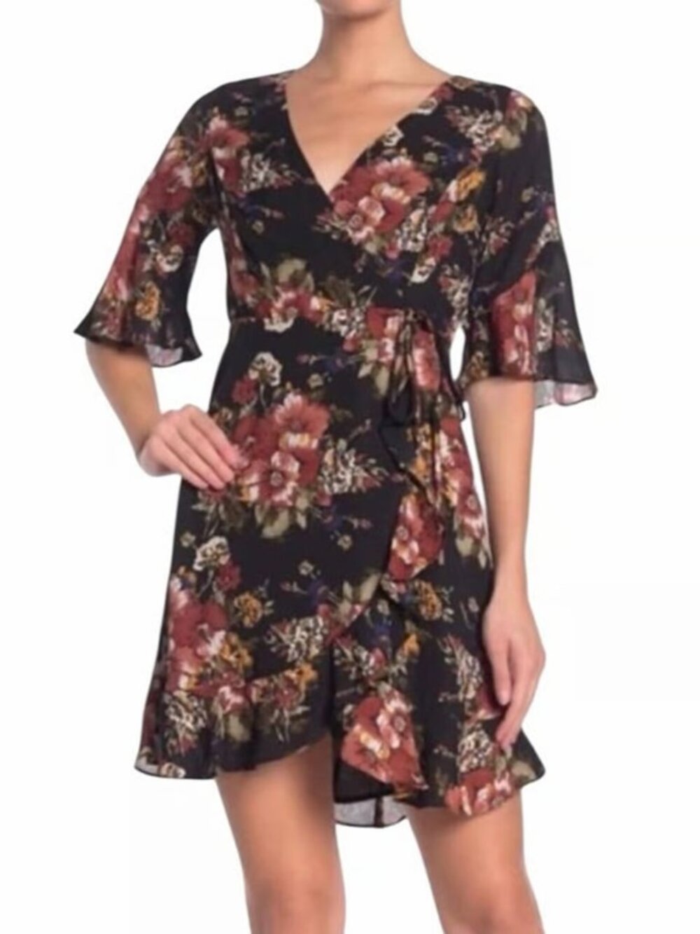 June & Hudson Floral Wrap Dress – Size S Petite – Black Mini Dress Ruffle Hem